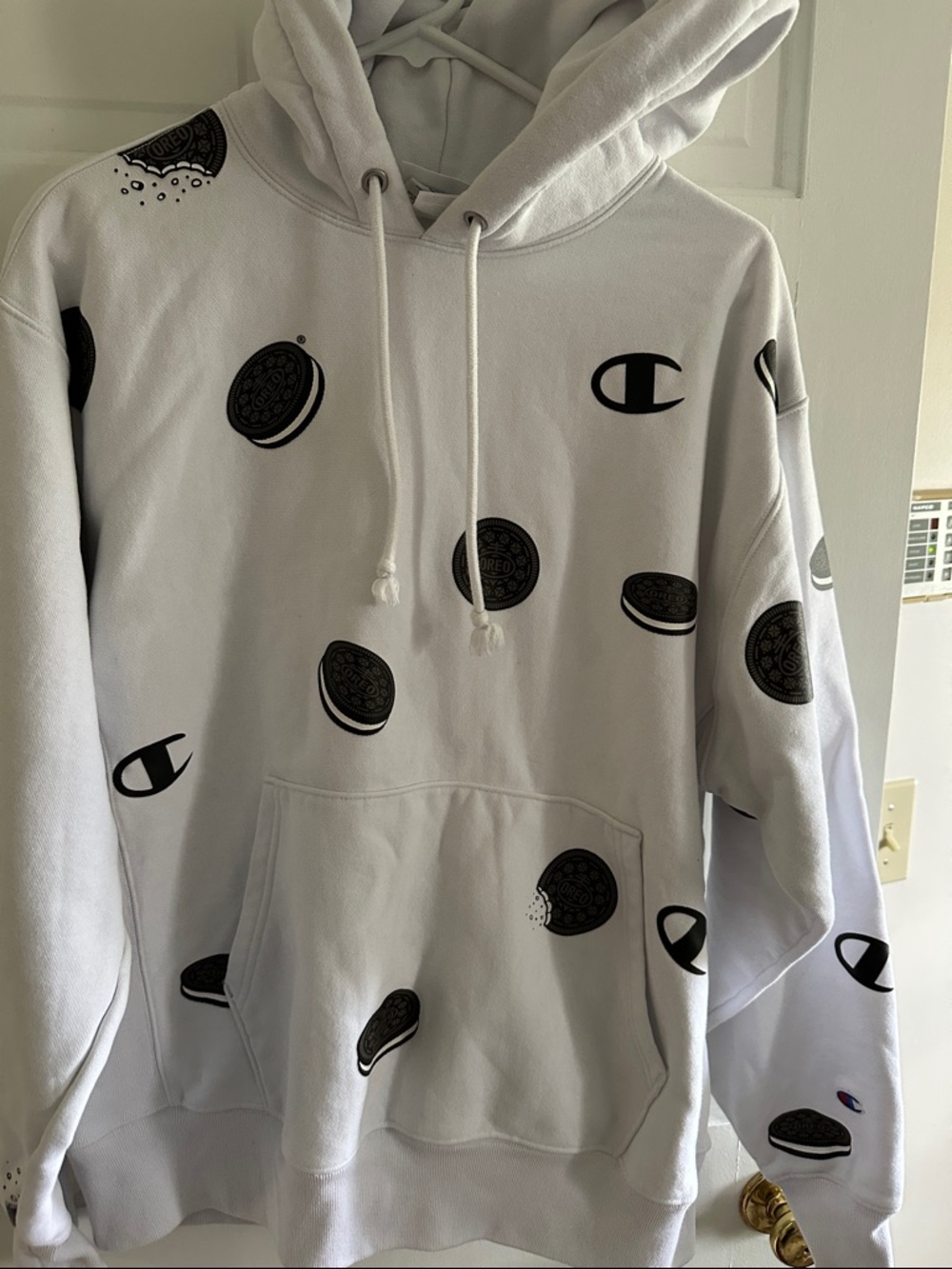 Champion White Hoodie with Black Oreo Cookie Print